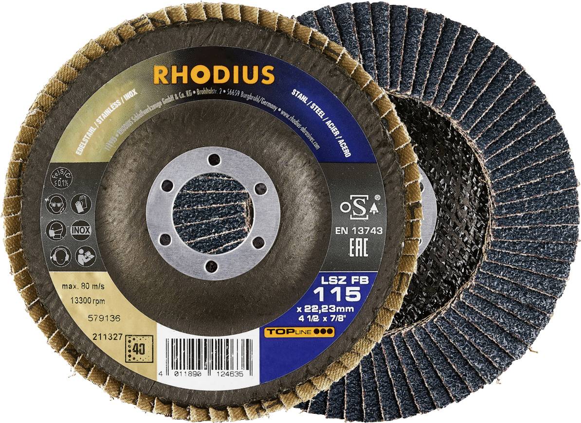 Rhodius 211327 Felületcsiszoló korong Ø 115 mm Furat átmérő 22.23 mm Szemcsézet 40 Nemesacél, Acél 1 db