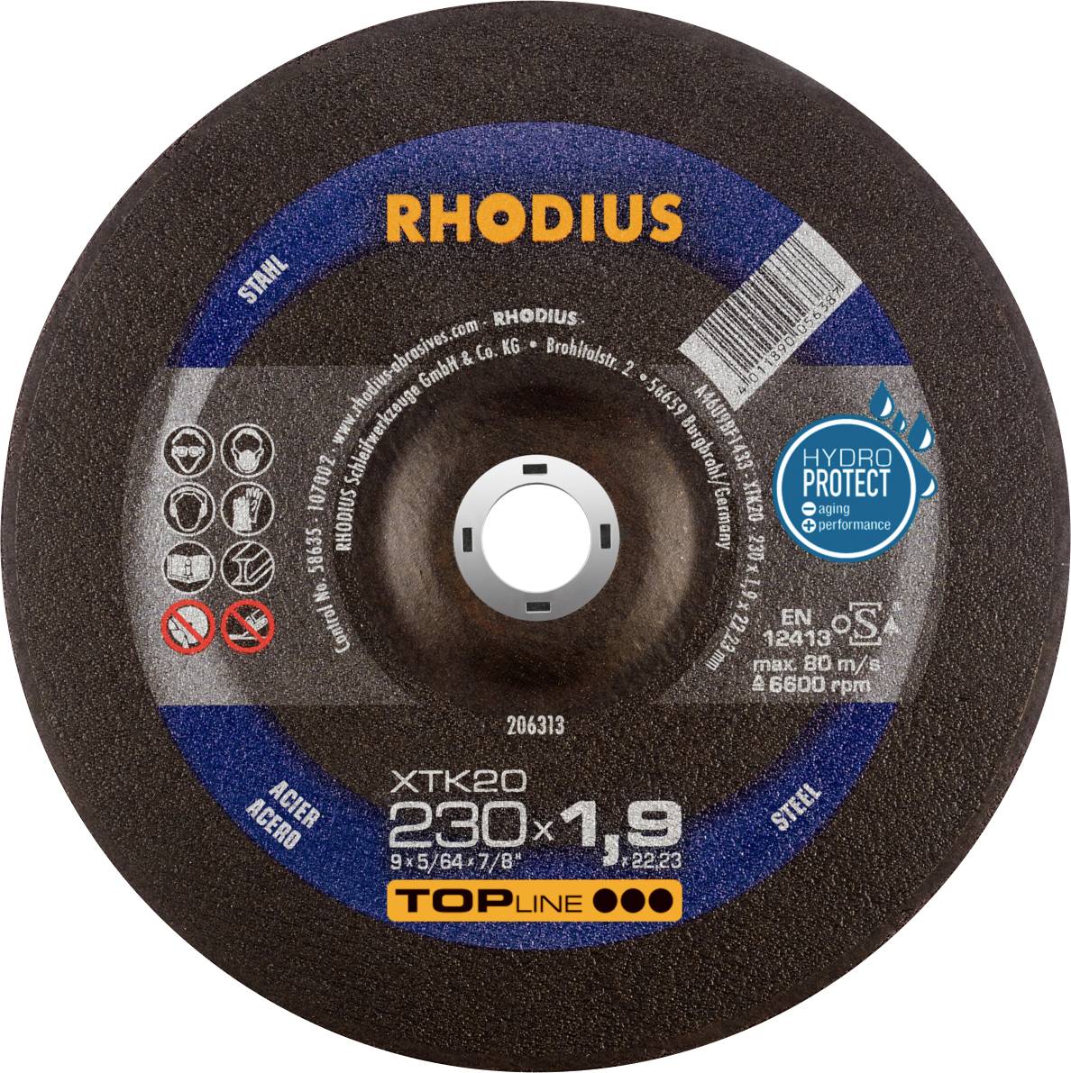 Egy 230 mm átmérőjű 'RHODIUS' feliratú vágókorong, acél megmunkálásához alkalmas. Biztonsági és műszaki jelölések láthatók a korongon.