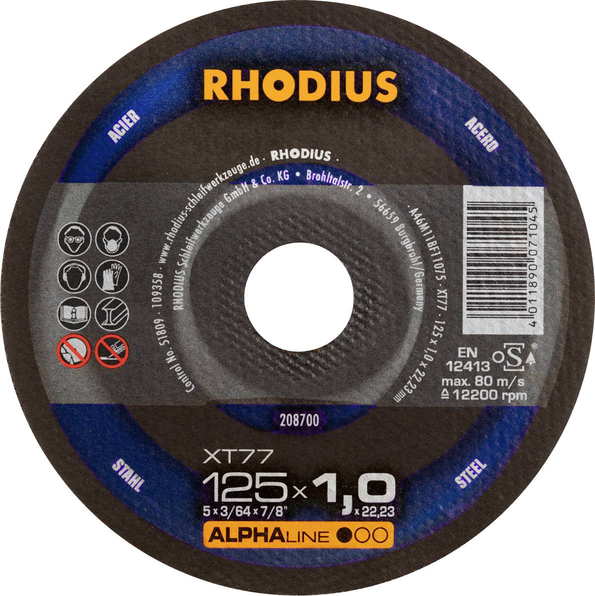 Rhodius csiszolótárcsa, 125 mm átmérő, acélhoz alkalmas. Maximális sebesség 80 m/s, max. fordulatszám 12200 ford/perc.