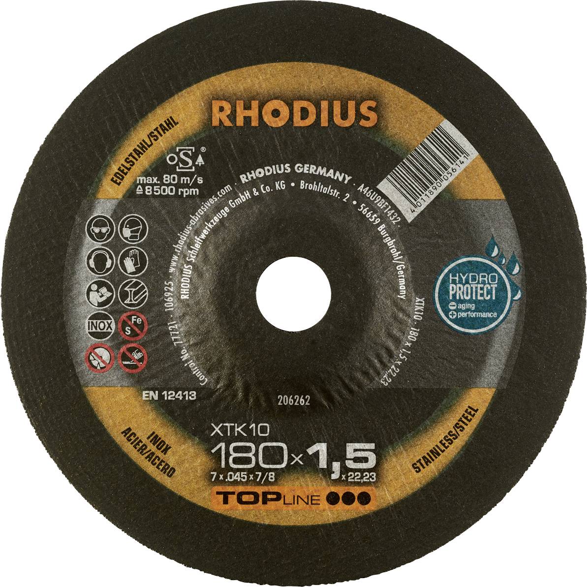 Rhodius XT10 206262 Vágótárcsa, hajlított 180 mm 1 db Nemesacél, Acél