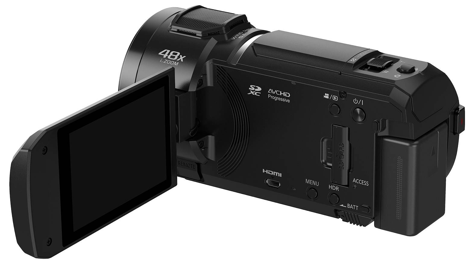 Fekete digitális videokamera oldalt kihajtott kijelzővel. A kamera szövegei részben láthatóak: '48x', 'AVCHD'.