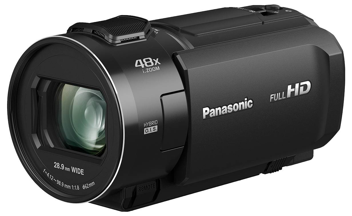 Egy fekete Panasonic Full HD kamera 48x zoommal és nagylátószögű objektívvel, amely alkalmas kiváló minőségű videófelvételek készítésére.