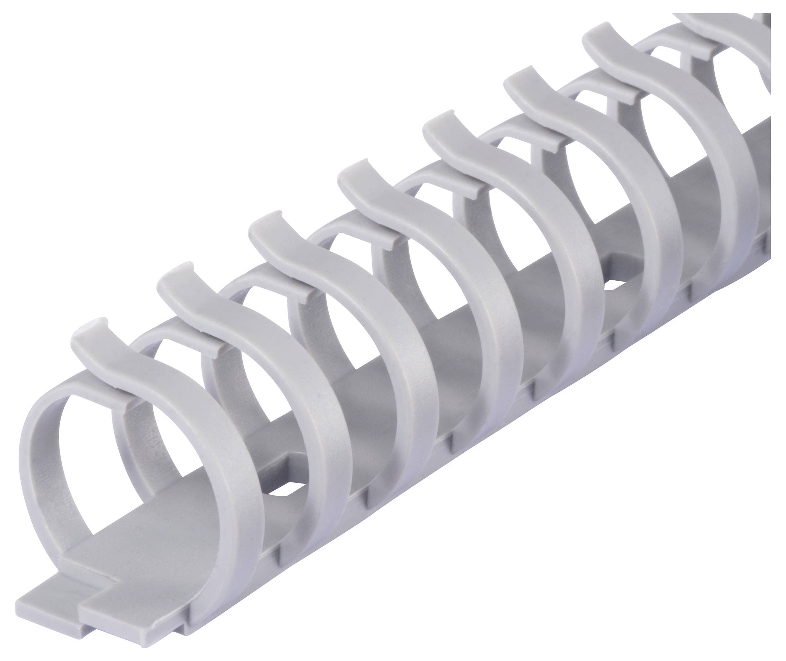 Szürke műanyag kábel-rendszerező eszköz több kerek tartóval, kábelek csoportosítására és vezetésére egy vonalban.