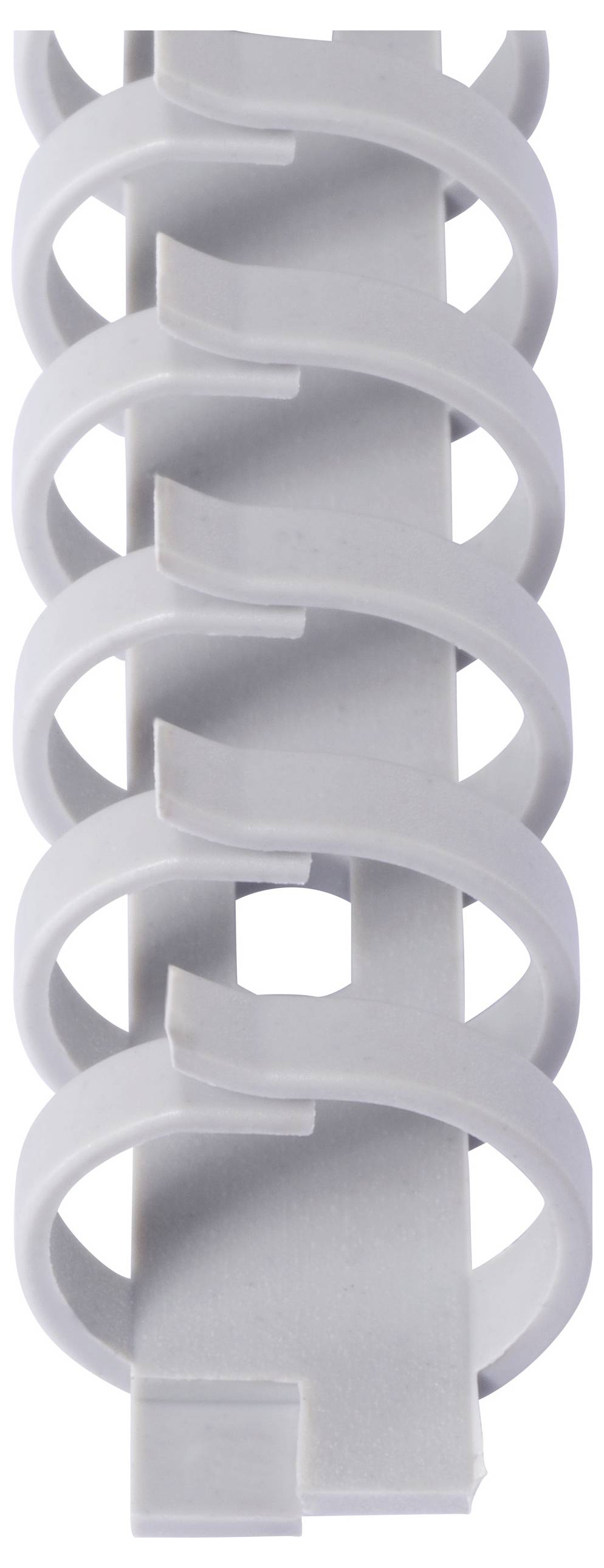 Egy szürke kábelvezető csatorna több zárt gyűrűvel, amelyek rendezhetik vagy támaszthatják a kábeleket.