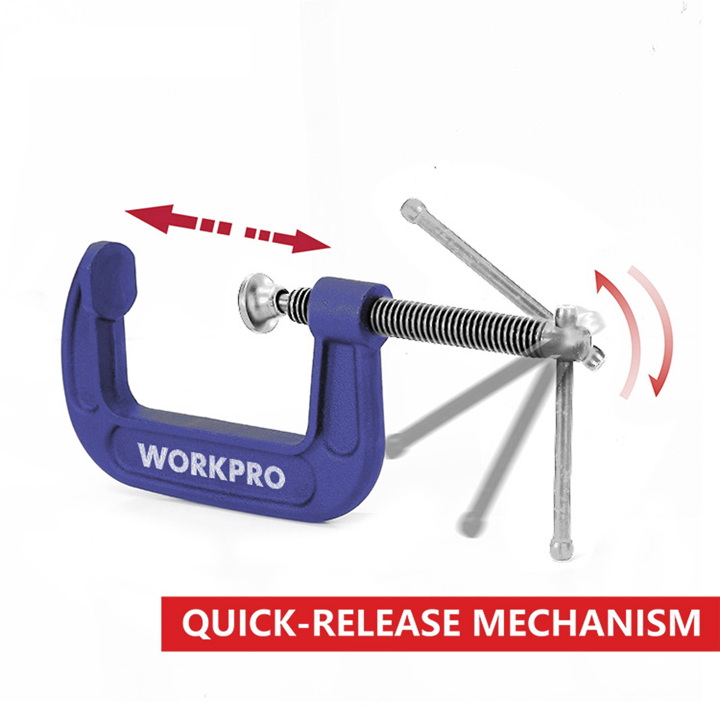 Egy kék szorító, amelyen a 'WORKPRO' felirat olvasható, gyorsszorító mechanizmust mutat. Nyilak jelzik a mozgás irányát.