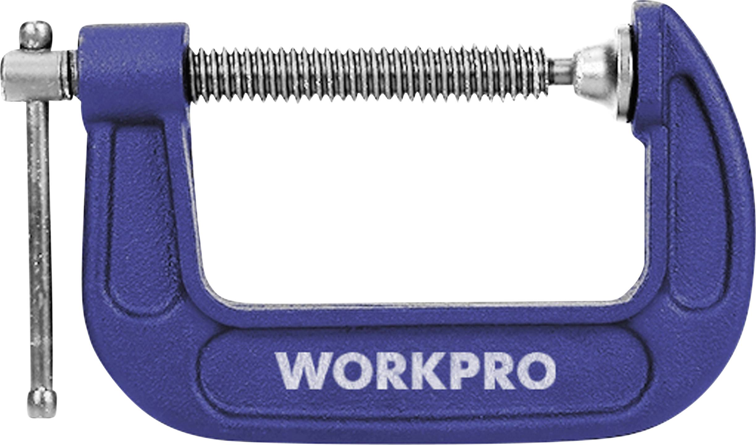 Egy kék csavar szorító, amelynek az oldalán 'WORKPRO' felirat látható. Fém fogantyúval rendelkezik a pofák szorításához.