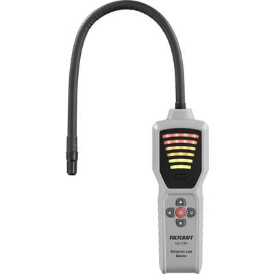 Elektronikus szivárgáskereső flexibilis hattyúnyakkal, LED-kijelzőkkel a szivárgás erősségének jelzésére, vezérlőelemek középen elhelyezve. Márkanév: 'Voltcraft'.