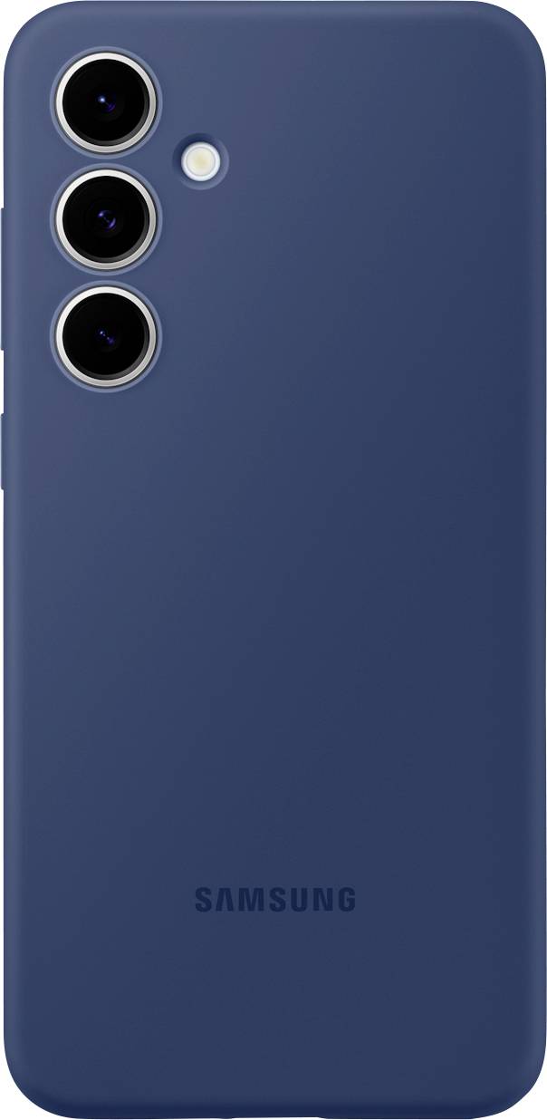 Egy kék Samsung okostelefon hátulnézetben, amelynek bal felső részén három kameraoptika és egy vaku helyezkedik el függőleges elrendezésben.