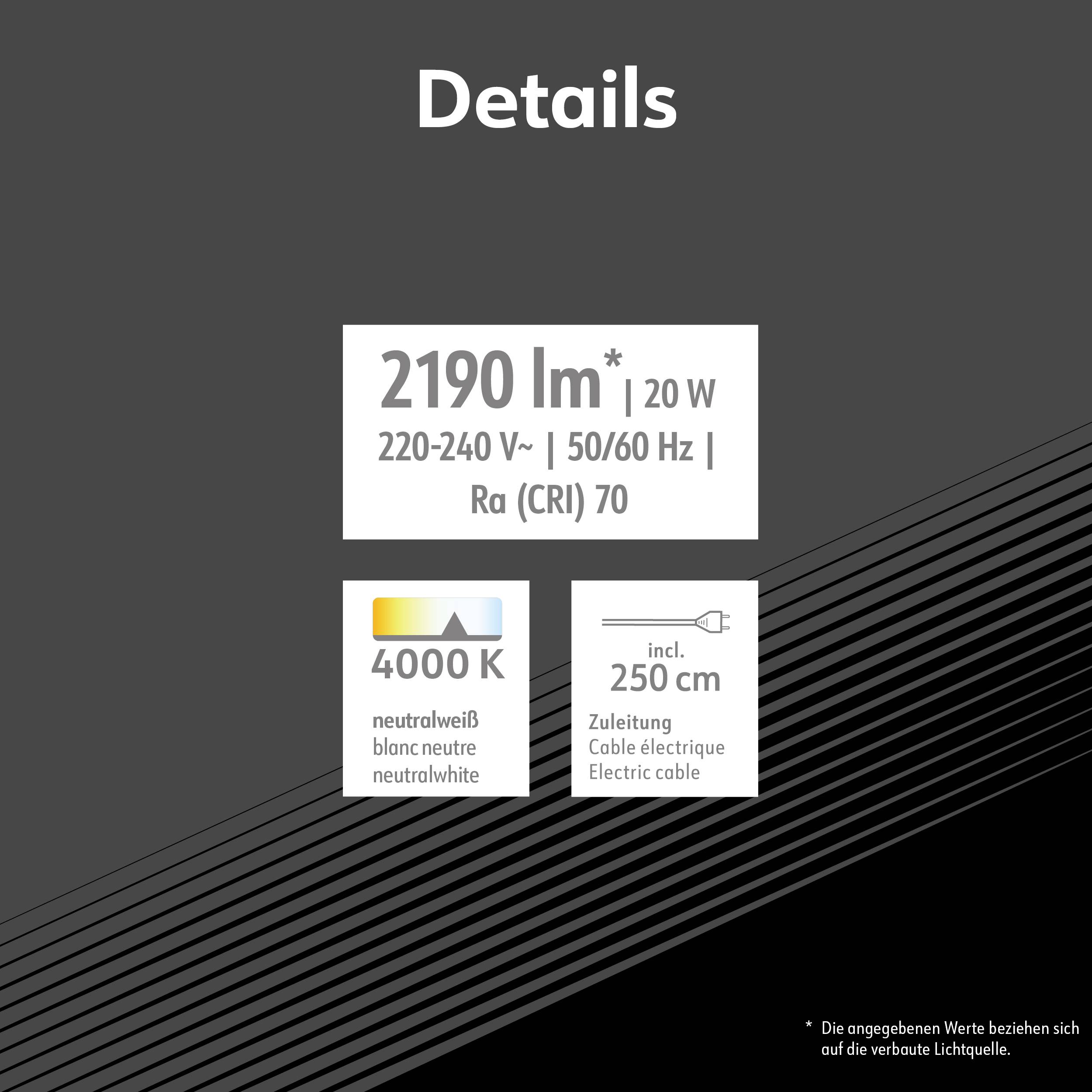 A 'Részletek' a műszaki specifikációkat mutatja: 2190 lumen, 20 watt, 220-240 volt, 50/60 Hz, Ra 70, 4000 K semleges fehér fény, kábel 250 cm.