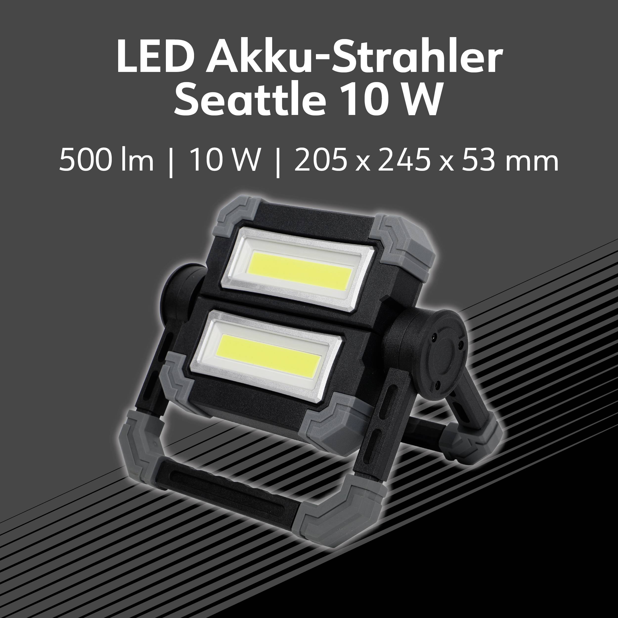 LED-es akkumulátoros reflektor Seattle 10 W, 500 lm fényerővel, 10 W teljesítménnyel, mérete 205 x 245 x 53 mm. A termékábrázolás két fénymodullal készült.