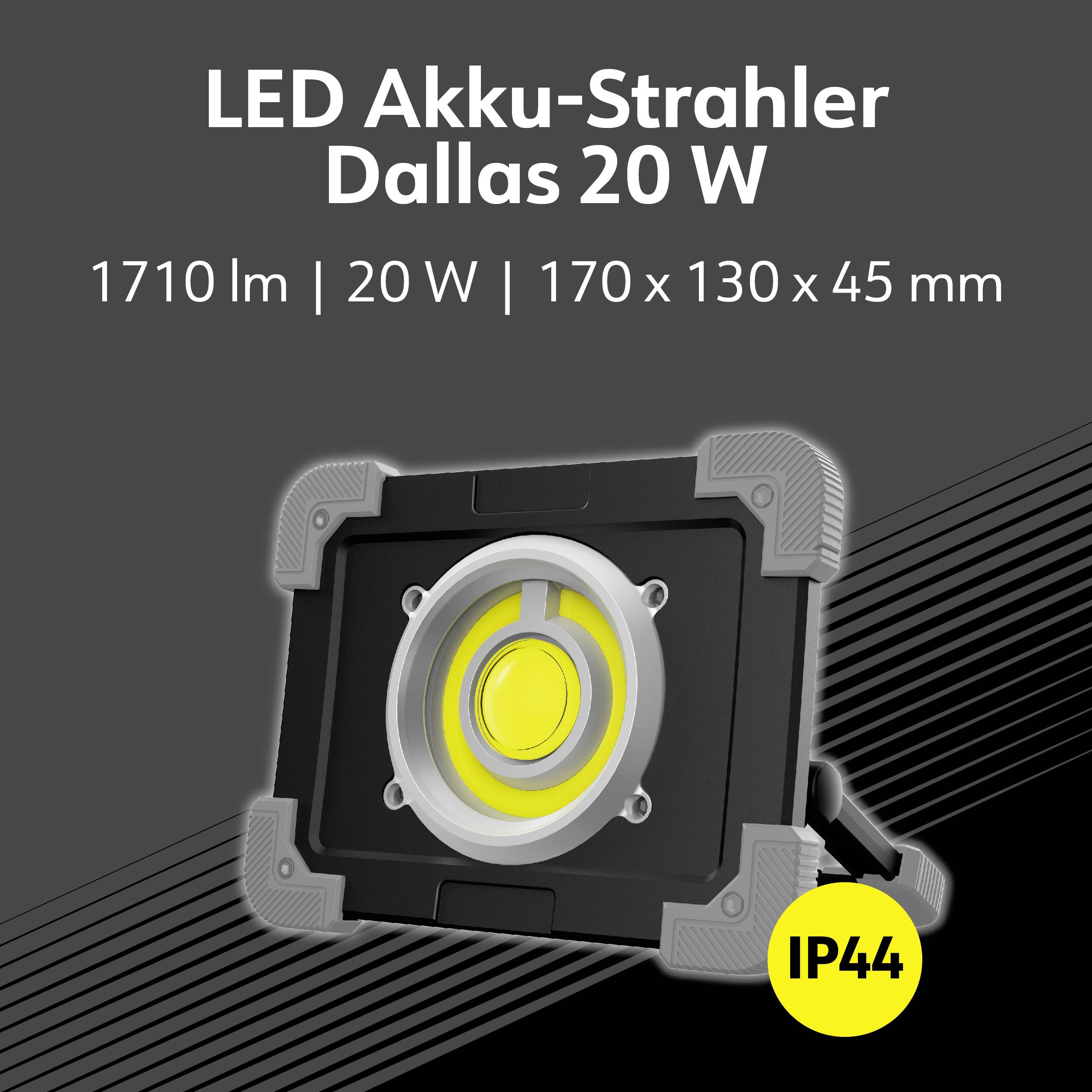 A 'Dallas 20 W-os LED akkumulátoros reflektor' fekete háttérben jelenik meg, 170 x 130 x 45 mm-es méretekkel és 1710 lm fényerővel. IP44 védelemmel ellátva.