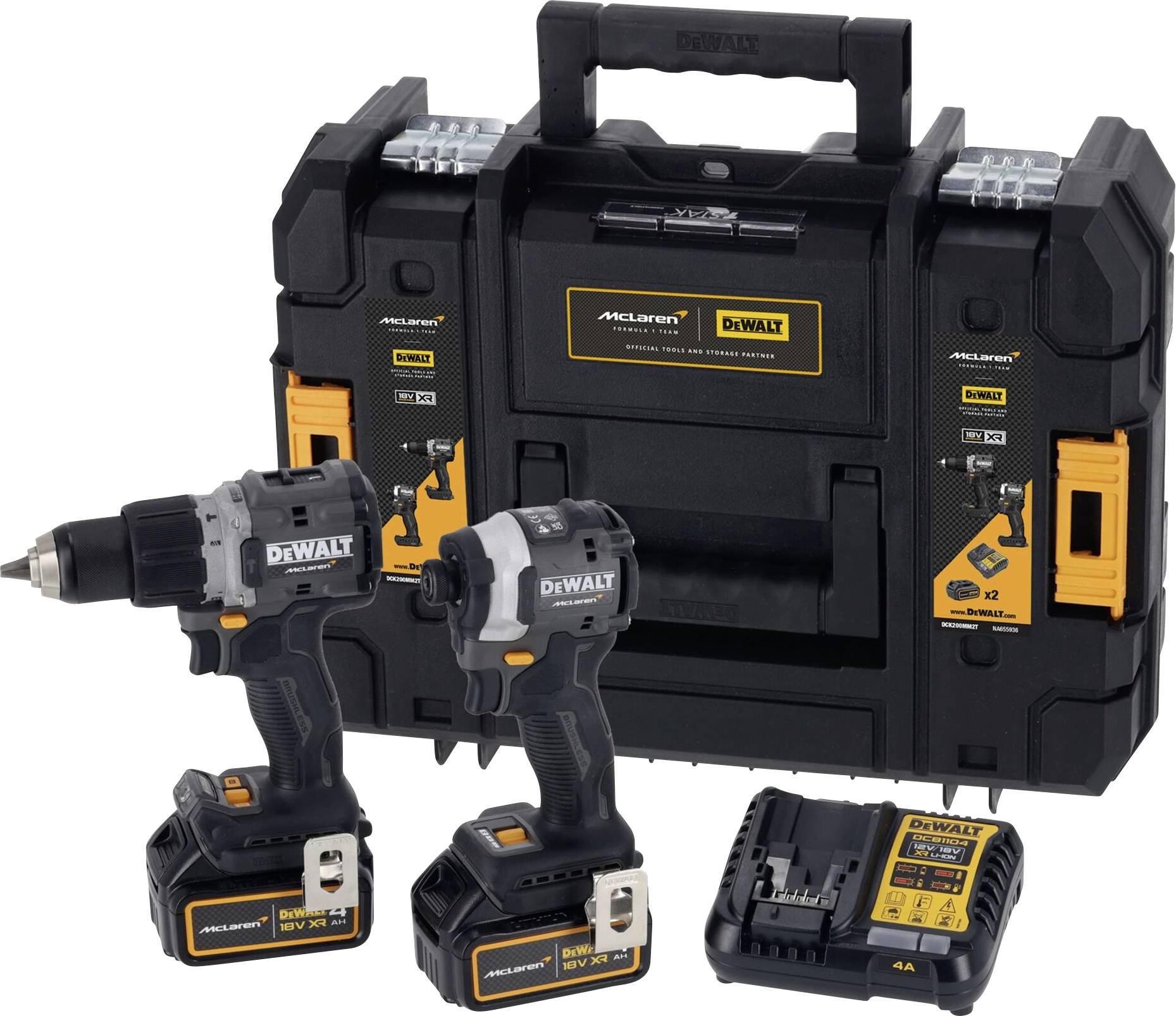 DEWALT McLaren DCD85M u. DCF85M 2 sebességfokozat-Akkus ütvefúró-csavarozó, Akkus ütvecsavarozó 2. akkuval, Töltővel
