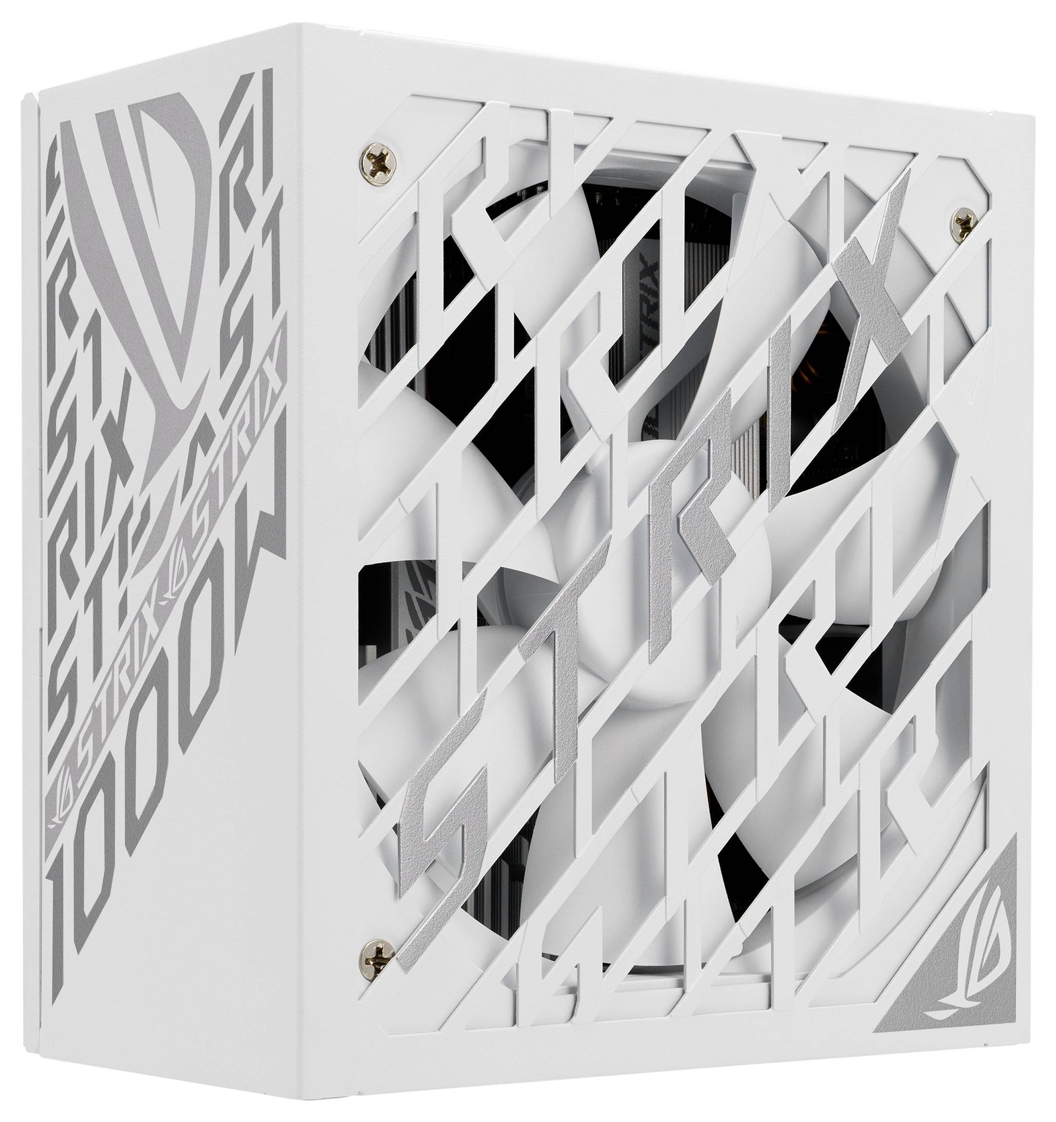 Fehér számítógép-tápegység feltűnő grafikákkal és ventilátorral. A 'STRIX ROG' jelölések láthatók a burkolaton.