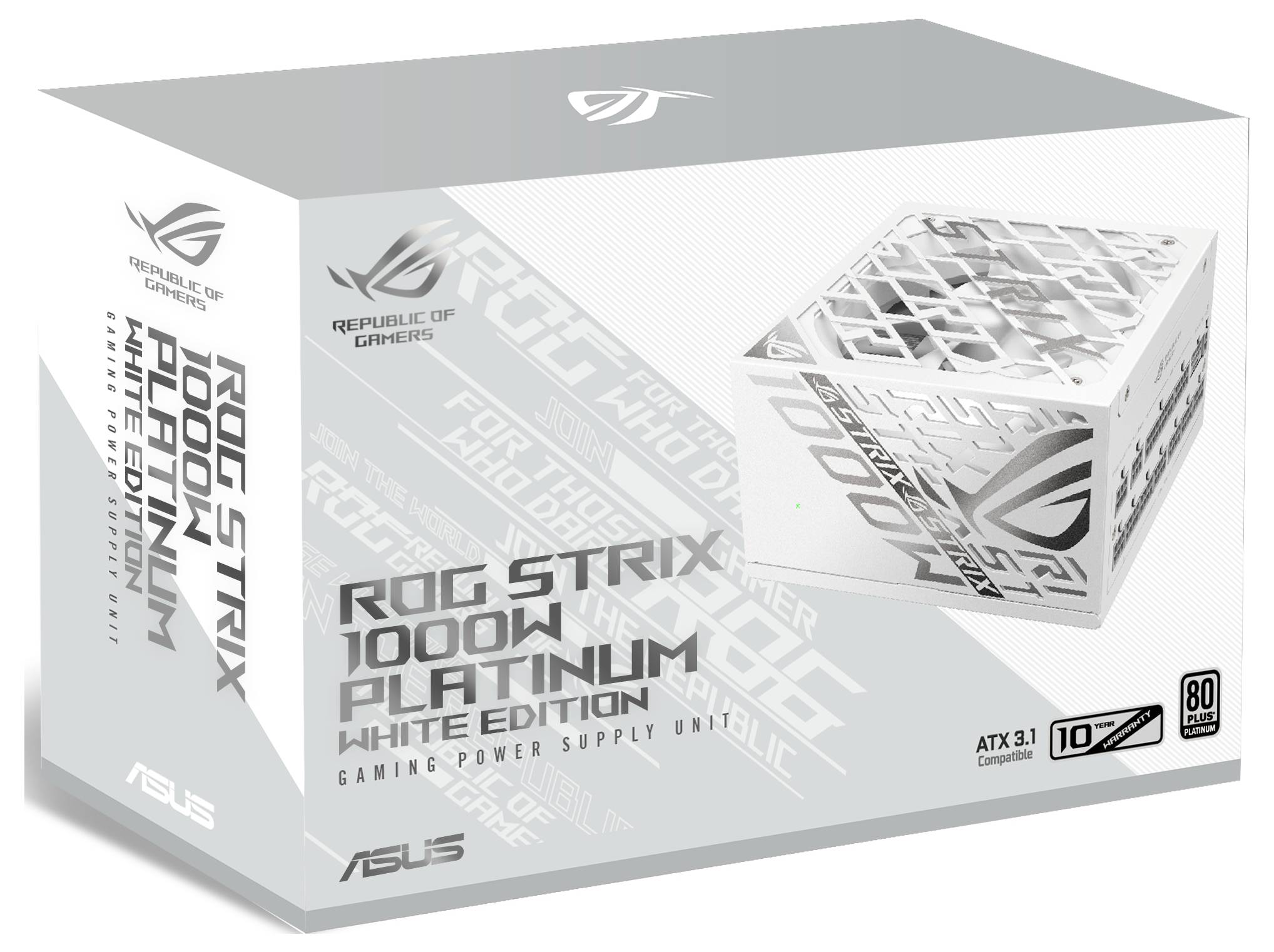 Asus fehér PC tápegység, az 'ROG Strix 1000W Platinum White Edition', elegáns dizájnt mutat a gaming számítógépekhez.