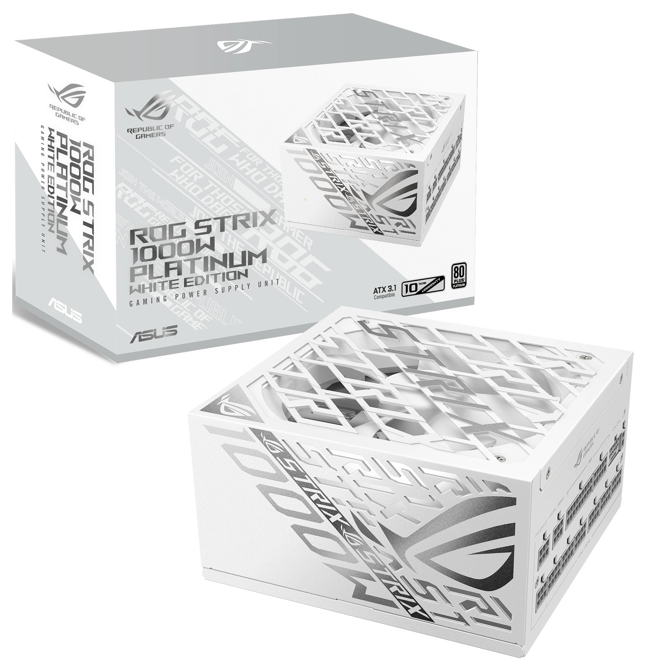 ROG Strix 1000W Platinum fehér kiadás tápegység; az ábra a csomagolást és a fehér tápegységet mutatja.