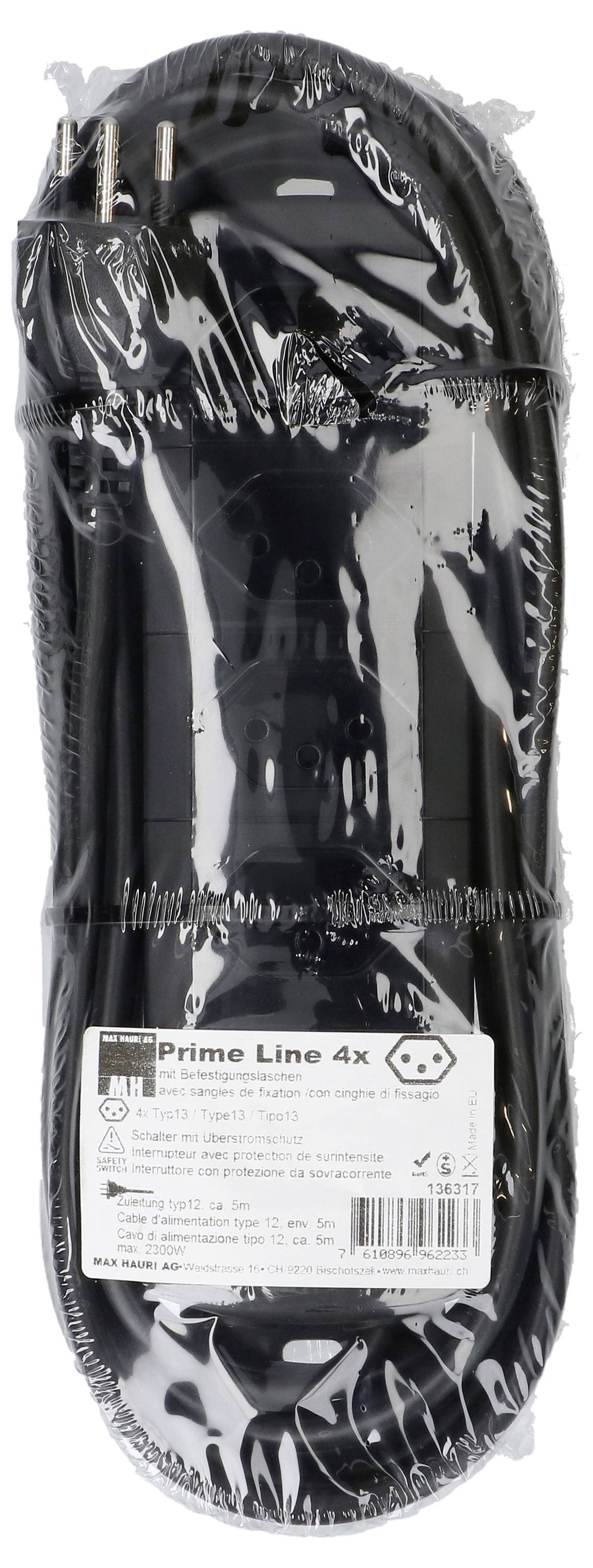 Négy aljzatos, kapcsolóval és túlfeszültségvédelemmel ellátott elosztó, 'Prime Line 4x' felirattal, műanyag fóliában csomagolva.