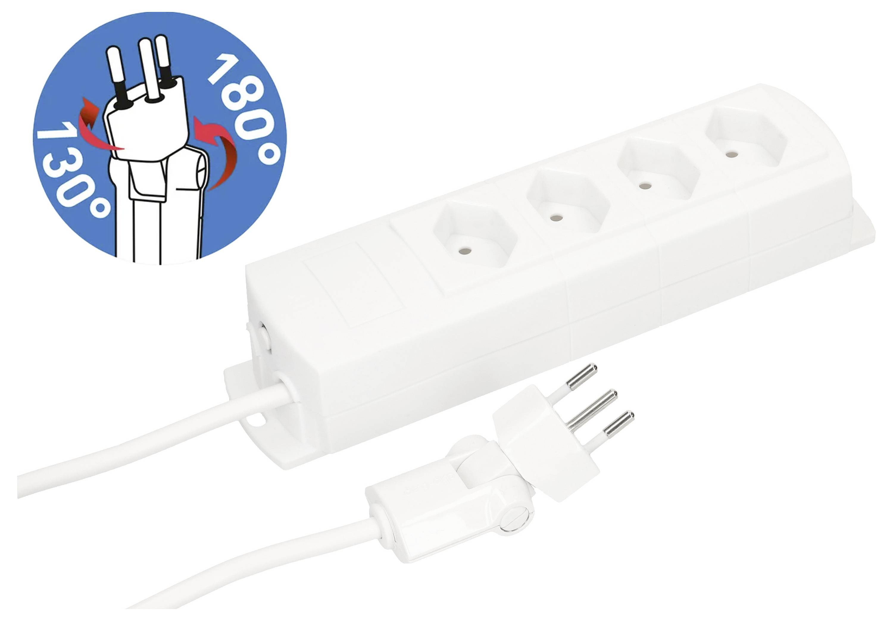 Fehér, négyes elosztó, négy csatlakozóhellyel, flexibilis dugóval, amely 130 és 180 fok között forgatható. Különösen alkalmas szűk területekre.