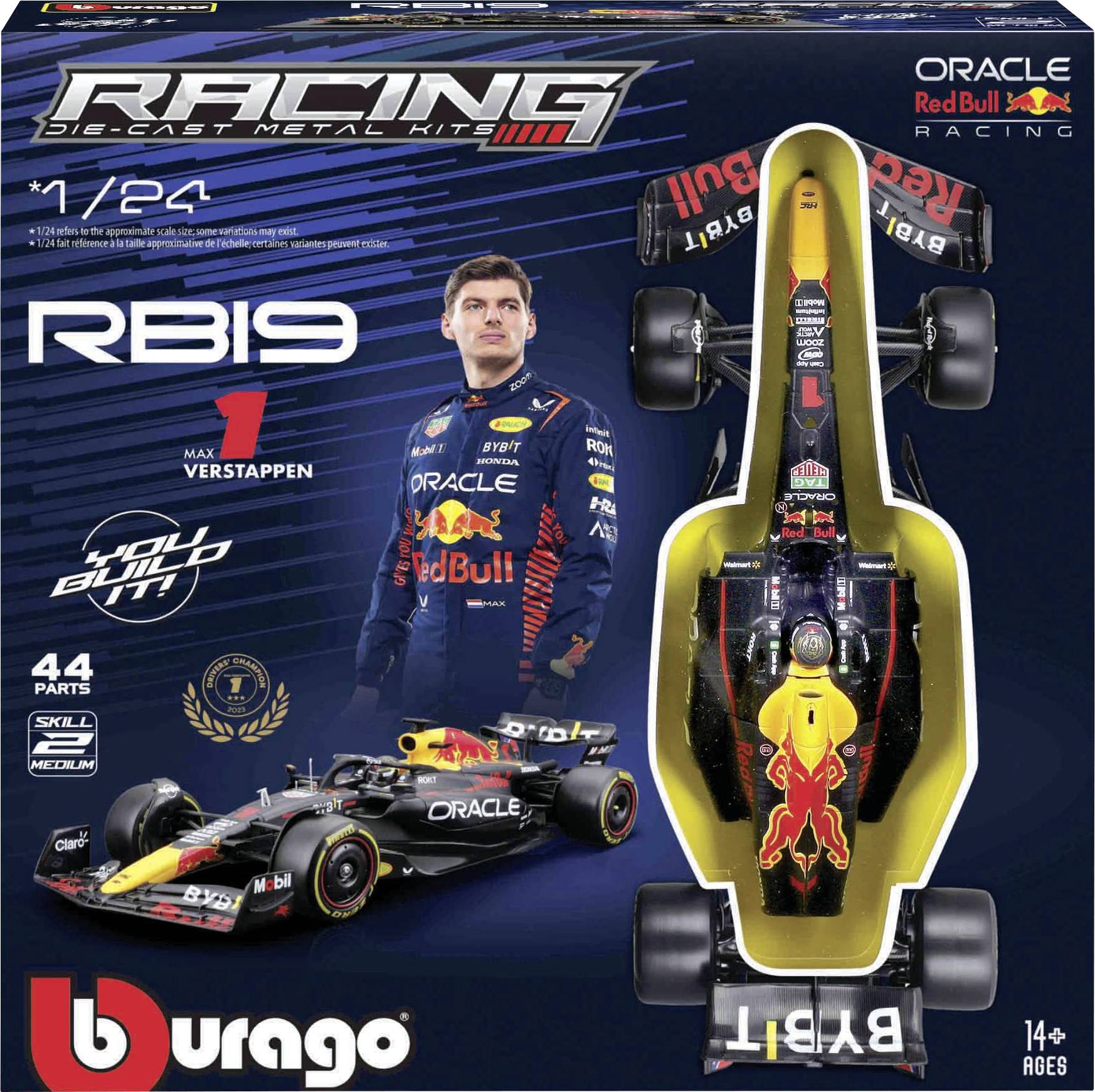 A Red Bull Racing RB19 modellautó Bburago csomagolása. Tartalmazza az autó, egy versenyző és logók képeit.