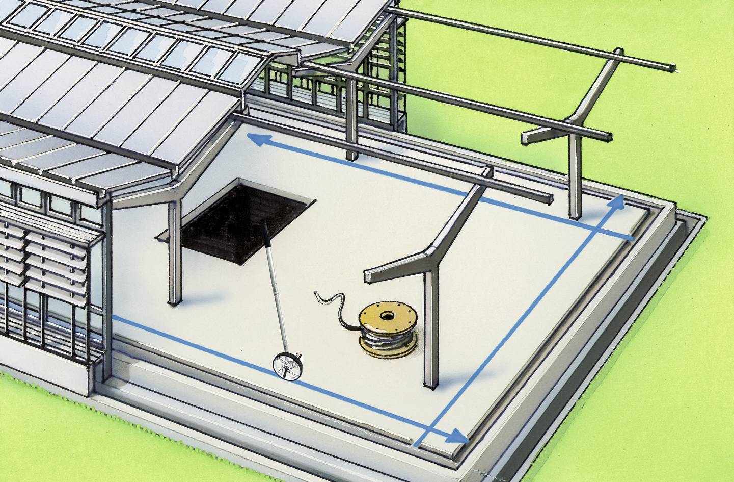 Egy épület tetején napelemek vannak. Az épület mellett egy erősen szigetelt terület kerül kialakításra geotermikus hasznosítás céljából.