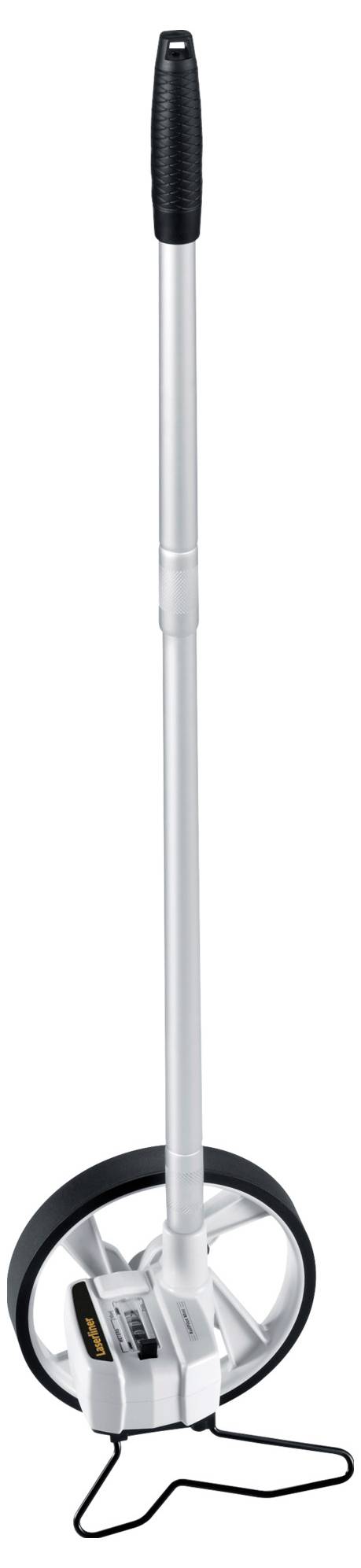 Teleszkópos fogantyúval ellátott mérőkerék és analóg kijelzővel, amely különböző felületeken történő pontos távolságmérésre szolgál.