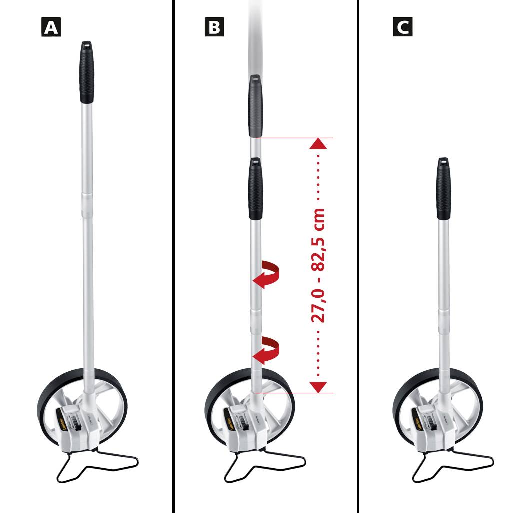 Az A-tól C-ig terjedő ábrák egy állítható fogantyúval rendelkező mérőkereket mutatnak be. A B ábra kiemeli a kerék 27,0-tól 82,5 cm-ig állítható magasságát.