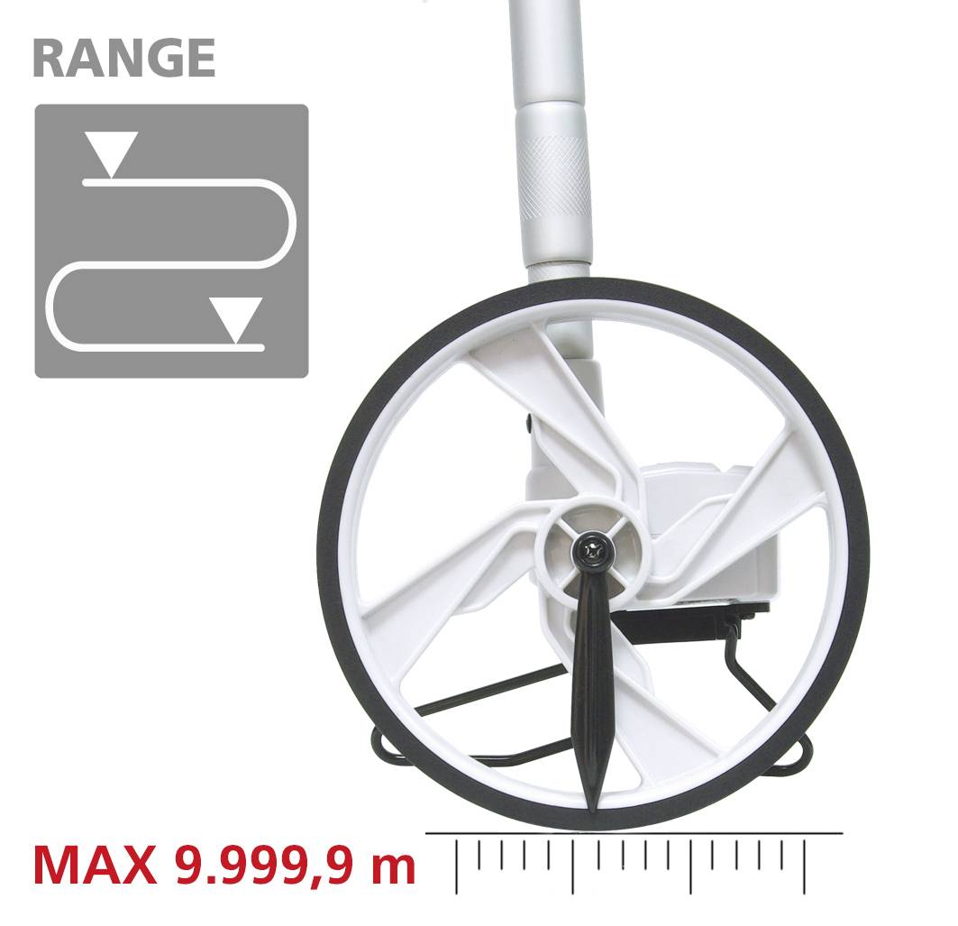 Digitális kijelzős távolságmérő. Szöveg: 'HATÓTÁV' és 'MAX 9.999,9 m'. Alkalmas egyenetlen terepen történő távolságmérésre.