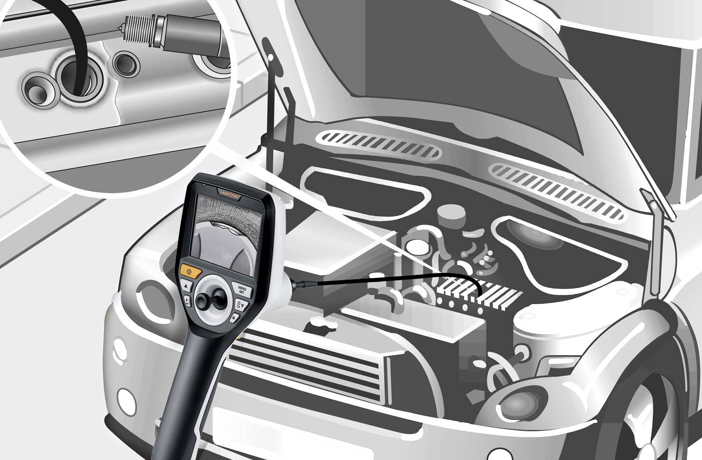 A gépkocsi motorháztető felnyitva, diagnosztikai eszköz ellenőrzi a gyújtógyertyákat egy nagyított betekintő ablakon keresztül. A motor ellenőrzésének folyamata.