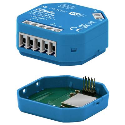 Egy kék Wi-Fi kapcsoló okosotthon alkalmazásokhoz, kompatibilis a Matter szabvánnyal. Csatlakozókat és áramköri lapot mutat.