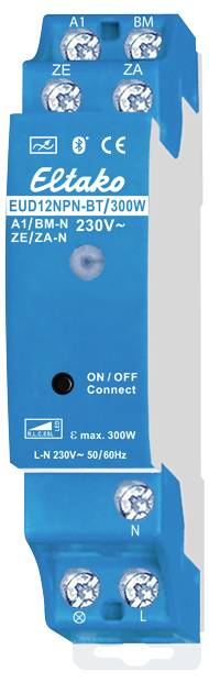 Kék elektronikai alkatrész, több csatlakozóval, amelyen felirat: 'Eltako EUD12NPN-BT/300W'. Feszültség 230V, max. 300W.