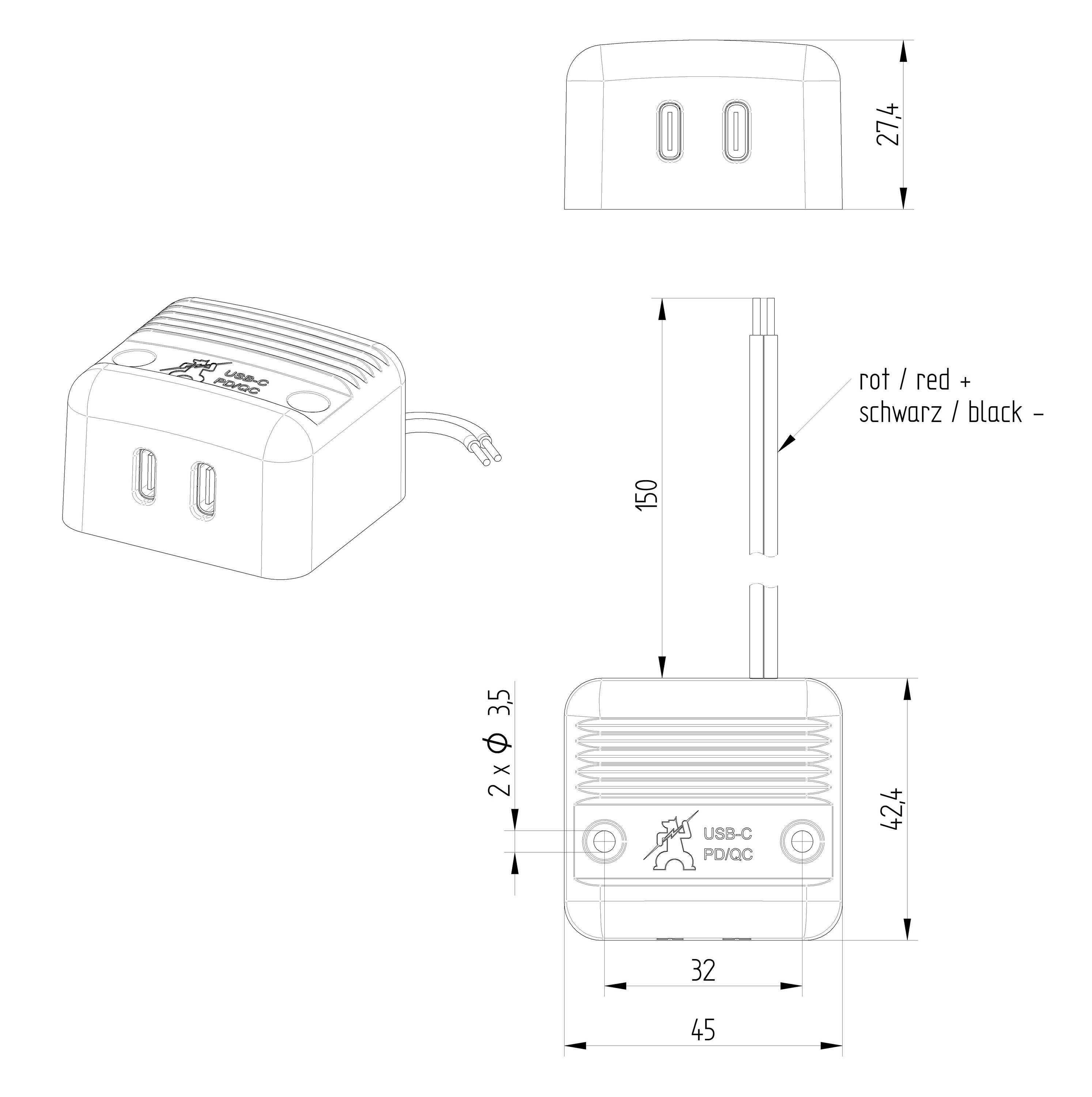 Egy USB-C PDQC töltő műszaki rajza méretekkel: 45x32x42,4 mm. Piros/fekete kábel csatlakozók, két port.