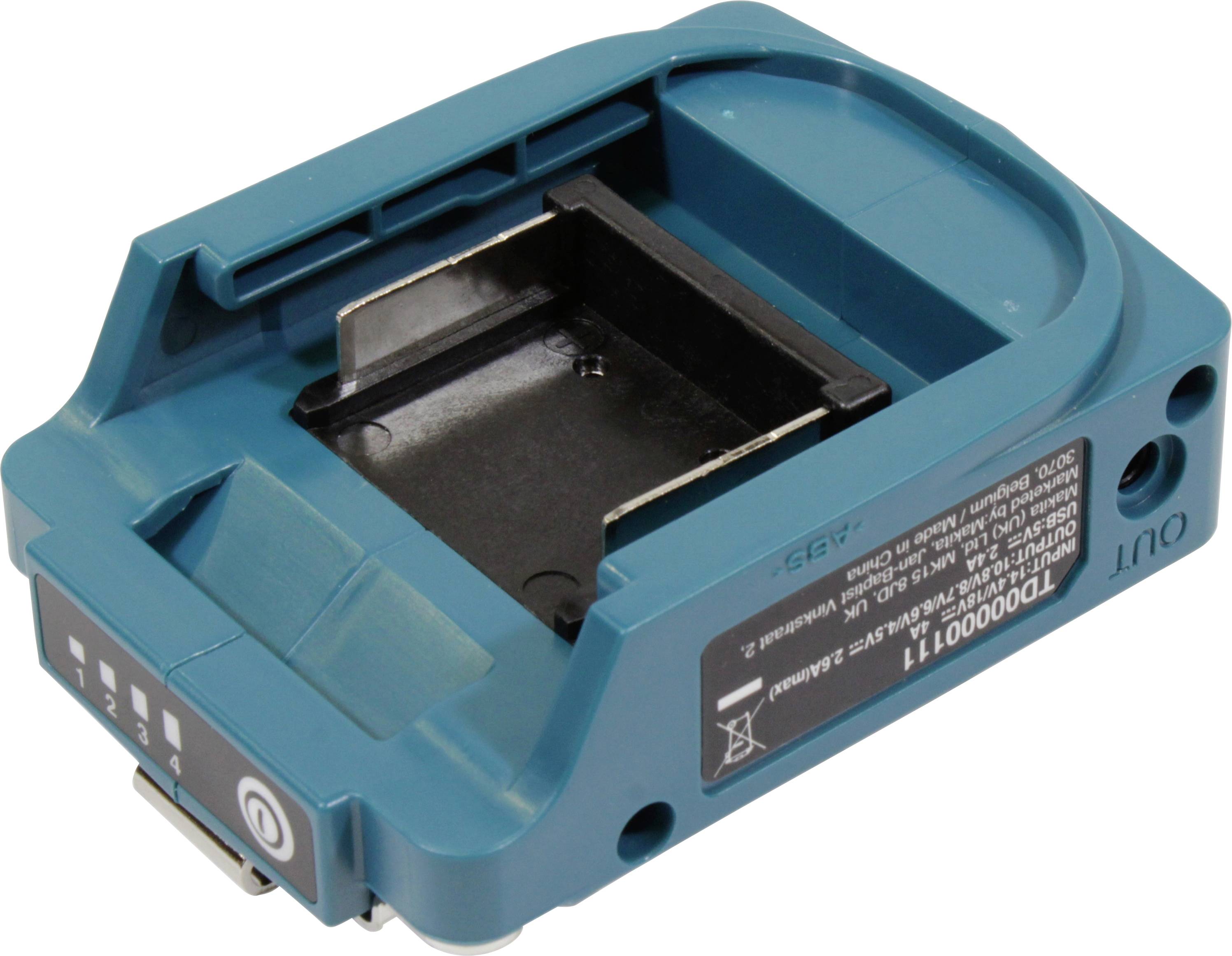 Egy kék akkumulátortöltő, amely rendelkezik egy akkumulátor-betöltő rekesszel és egy be-/kikapcsoló gombbal. Az oldalán egy figyelmeztető matrica található.