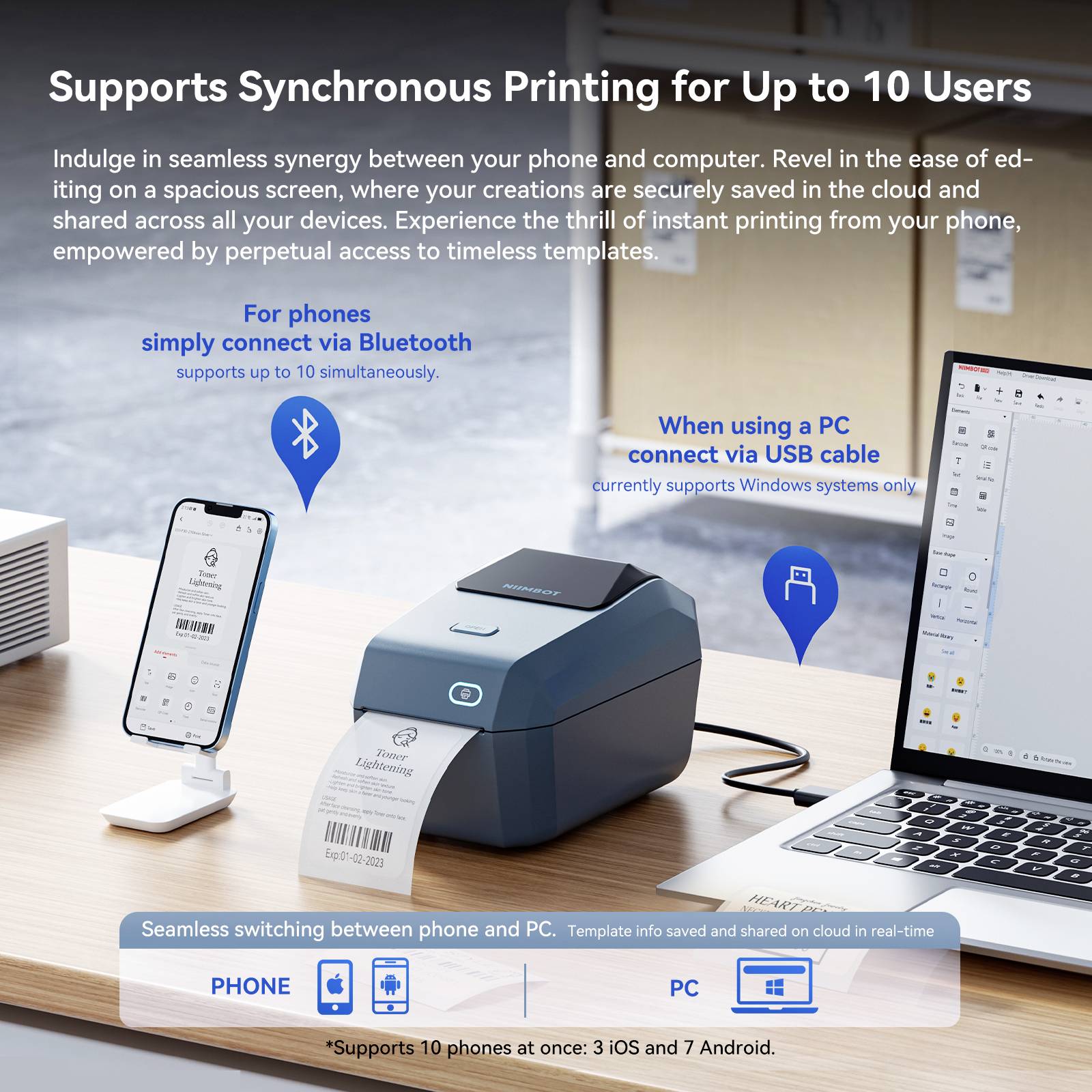 A nyomtató támogatja a szinkron nyomtatást akár 10 felhasználó számára. Csatlakozás Bluetooth-on vagy USB-n keresztül. Kompatibilis iOS, Android és Windows rendszerekkel.