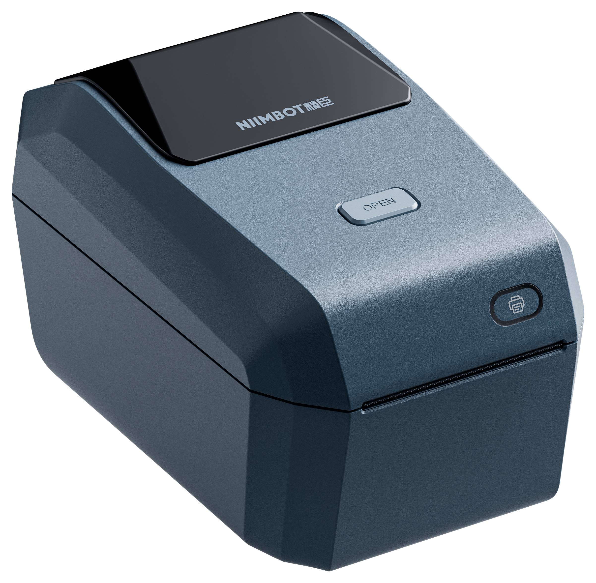 Egy nyitott fedelű címkenyomtató, mellette egy tekercs fényes címke, amelyre zöld levelek vannak nyomtatva.