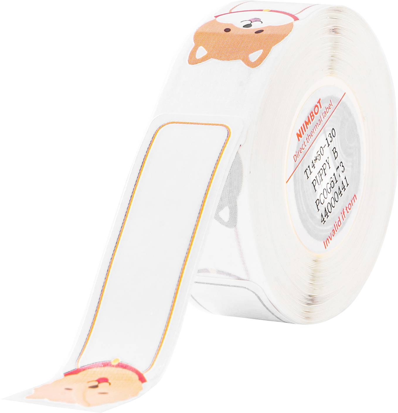 Egy narancssárga és bézs árnyalatú kutyás mintázatú ragasztószalag, amelyik részben már le van tekerve. A szalag váltakozó díszítéseket és mintákat tartalmaz.