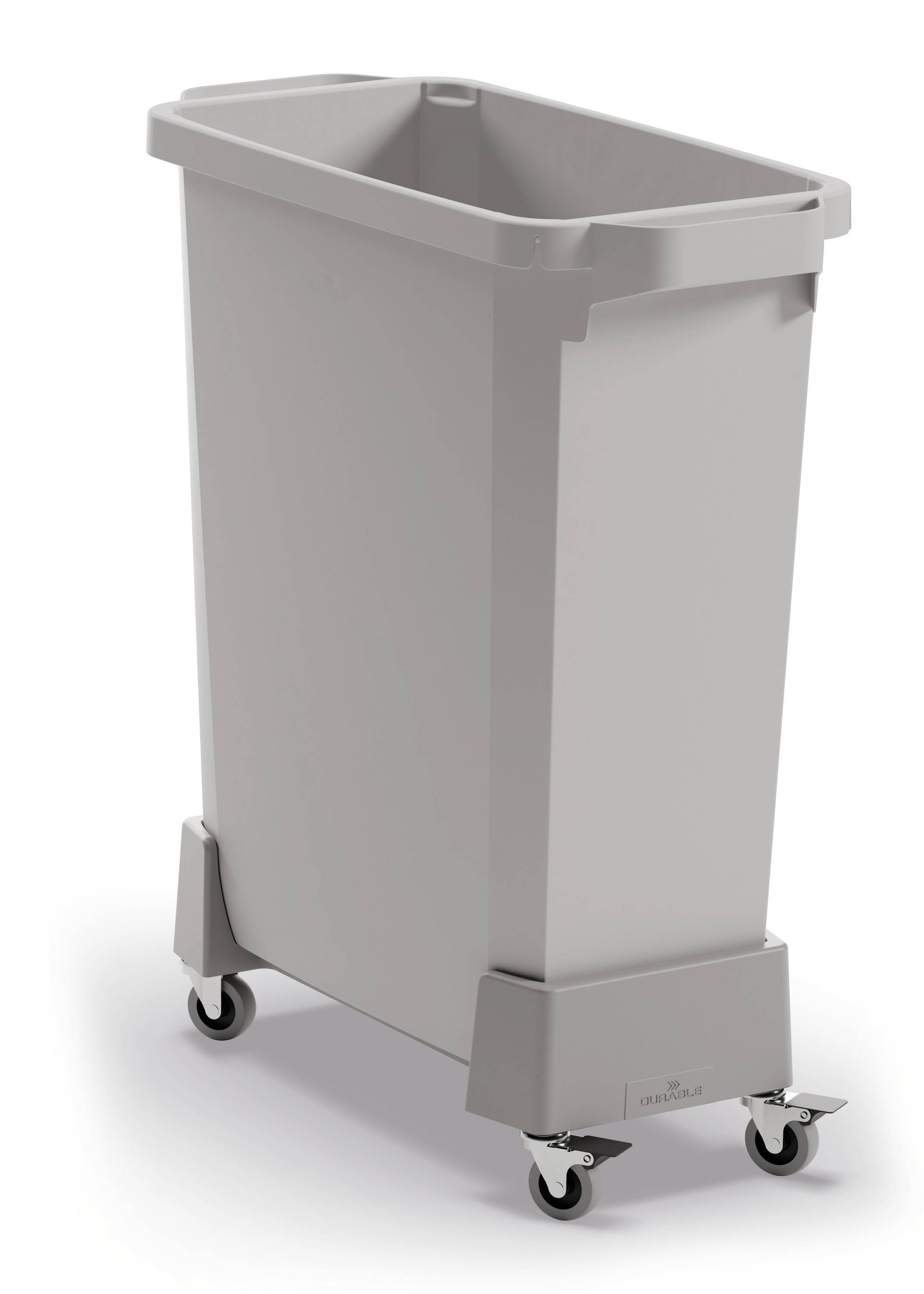 Szürke, négyszögletű szeméttároló kerekekkel az alsó részén, amely egyszerű mobilitást biztosít beltéri terekhez.
