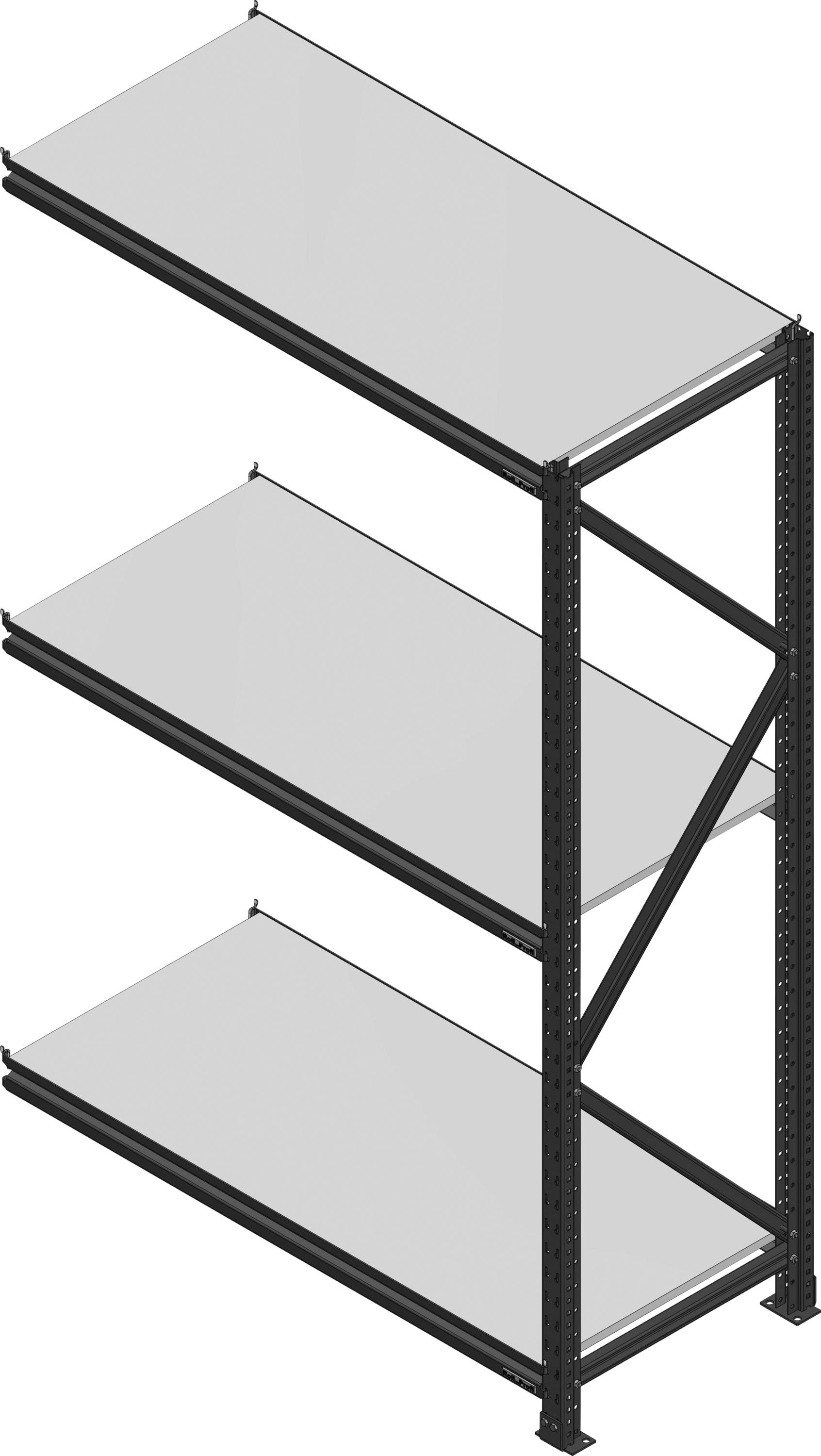 Egy magas, szabadon álló fémpolc három üres, vízszintes tárolófelülettel. Ideális tárolásra raktárakban vagy garázsokban.