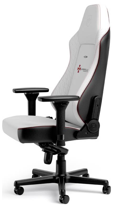Fehér-fekete gamer szék piros kiemelésekkel, állítható kartámaszokkal és görgőkkel, ideális ergonomikus kényelem biztosítására játék közben.