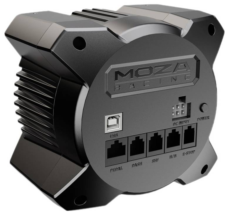 Fekete verseny-szimulátor adapter több csatlakozási lehetőséggel, beleértve USB, pedál, műszerfal, váltókar, N/18 és tápellátás.