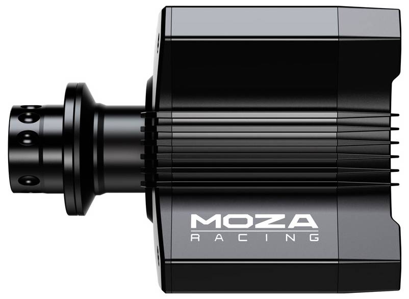 Egy fekete Moza Racing motor, hengeresen bordázott hűtőbordákkal, oldalnézetben ábrázolva.