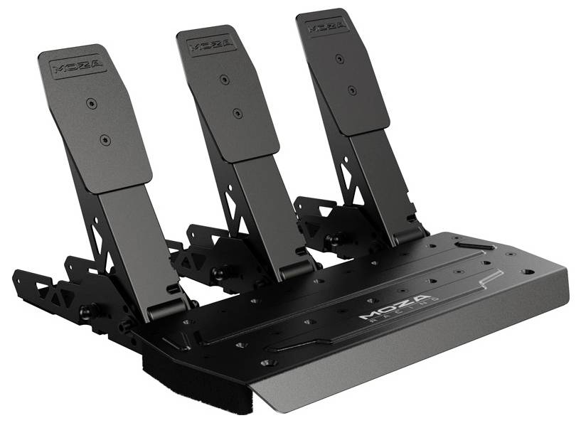 Három fekete pedál egy platformon, versenyszimulációs eszközökhöz alkalmas.
