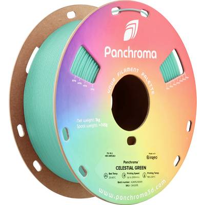 Egy Panchroma filament tekercs "Celestial Green" színben. A címke mutatja a súlyt: 1kg. 3D nyomtatóanyag 3D nyomtatókhoz.