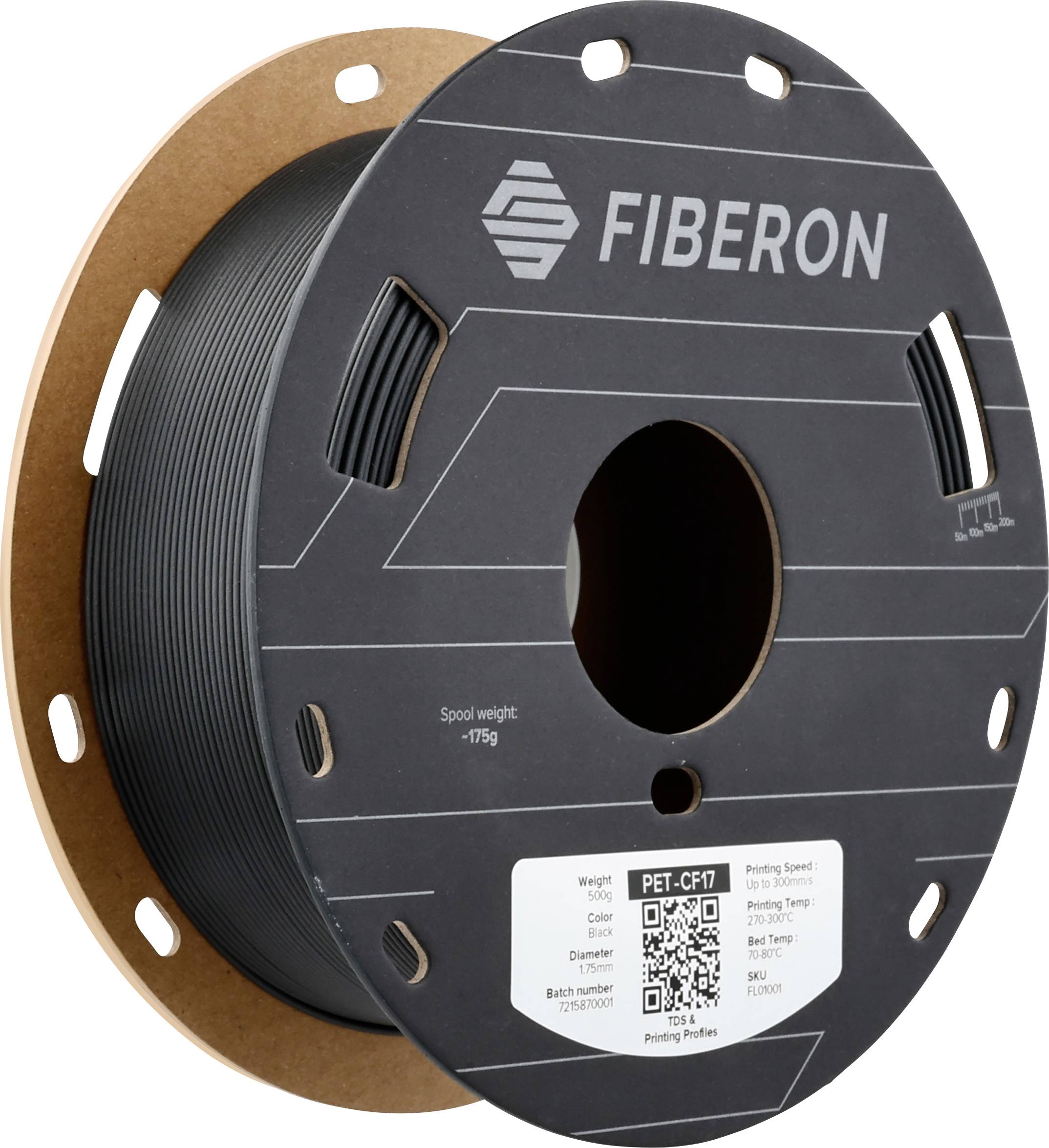 Egy fekete 'Fiberon' márkájú filament tekercs 3D nyomtatókhoz való használatra, súlyt, QR-kódot és műszaki specifikációkat mutat.