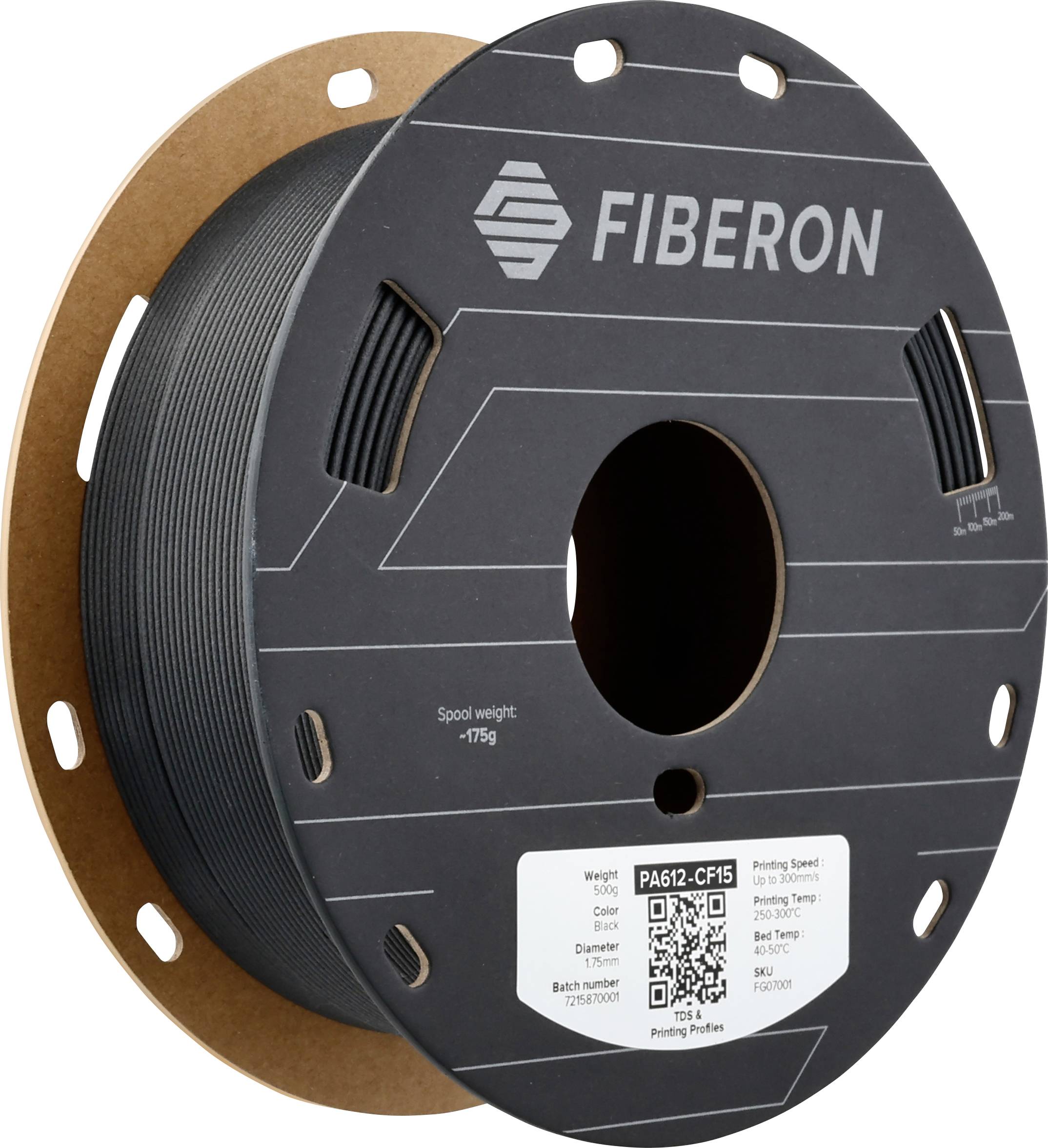 Fekete száltekercs 'FIBERON' felirattal. Címke részletei: Súly kb. 750g, Anyagtípus PA612-CF15, QR-kód található.