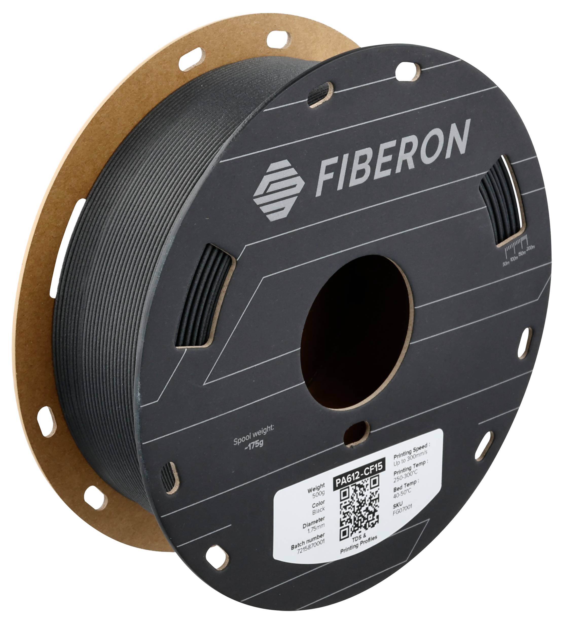 Egy fekete Fiberon márkájú filament tekercs PA6/CF15 anyagból, amely 3D nyomtatáshoz alkalmas. A címke a termék részleteit és QR-kódot mutatja.