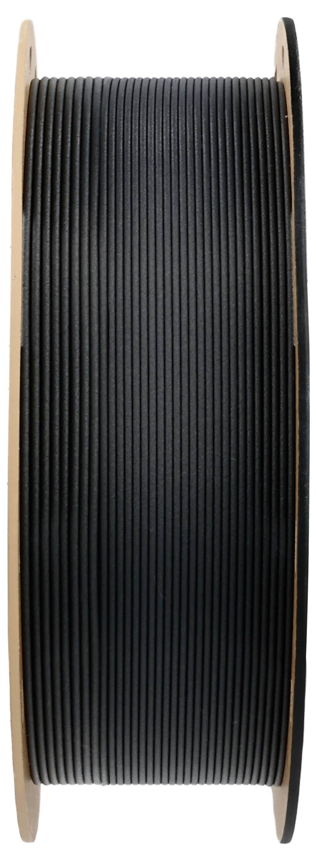 Egy fekete filament tekercs 3D nyomtatóhoz, szorosan felcsavarva és barna orsóra szerelve.