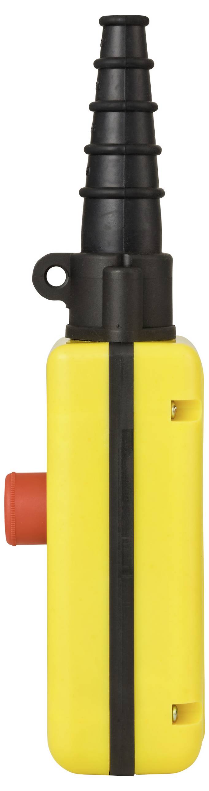 Egy sárga és fekete kézi eszköz piros gombbal és antennával.