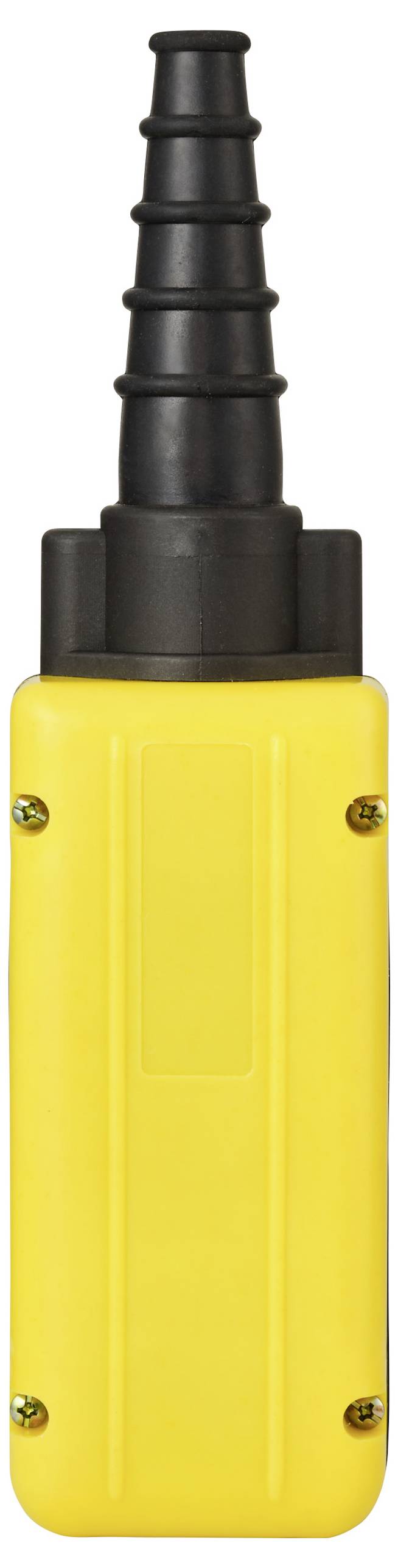 Egy sárga kézi eszköz fekete, hegyesedő, bordázott markolattal felül; úgy tűnik, hogy egy vezérlő vagy kapcsolókar.