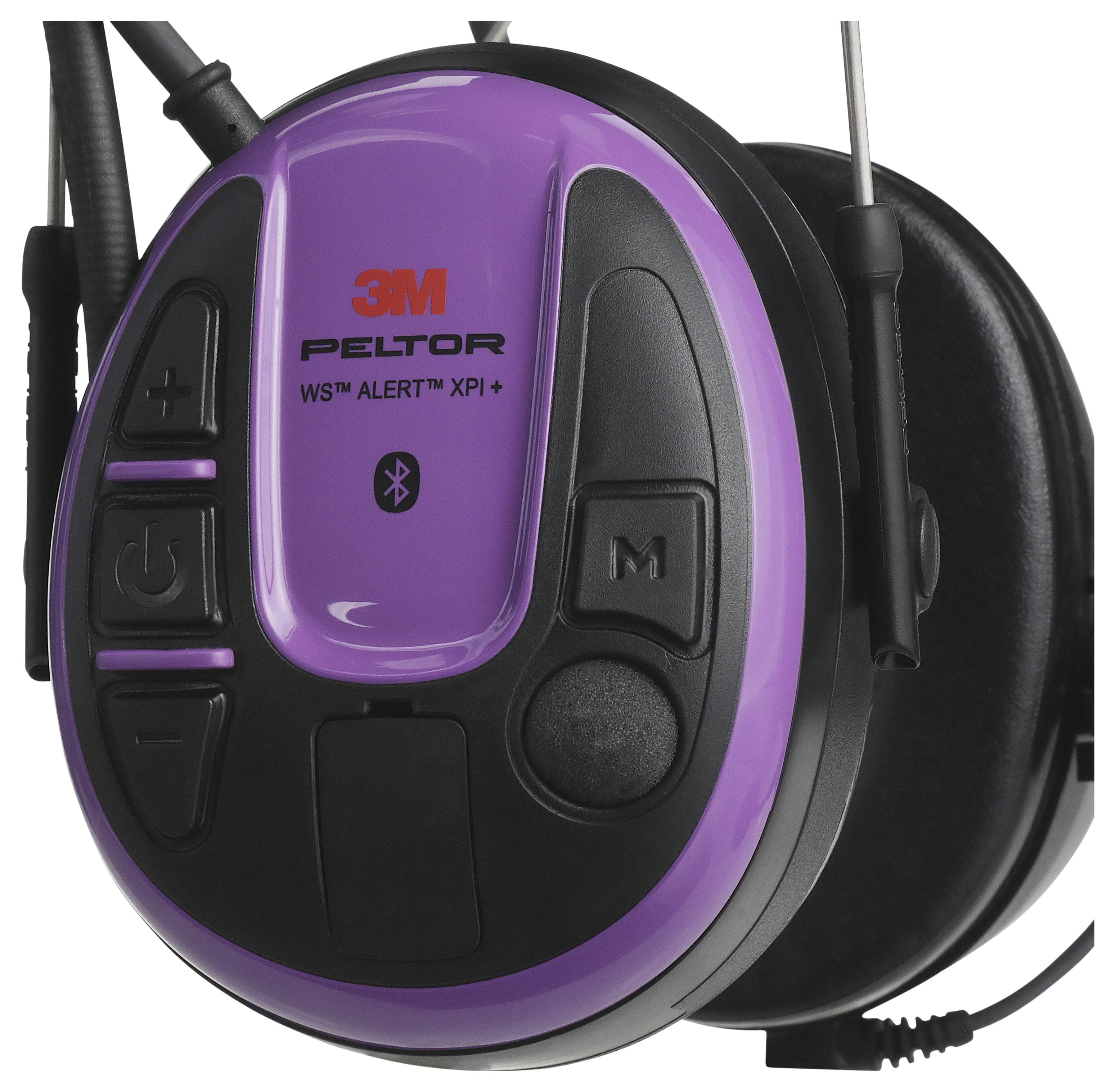 Fekete és lila 3M fülvédő Bluetooth funkcióval, 'Peltor WS Alert XPI+' modell, közelkép a kezelőszervekről.