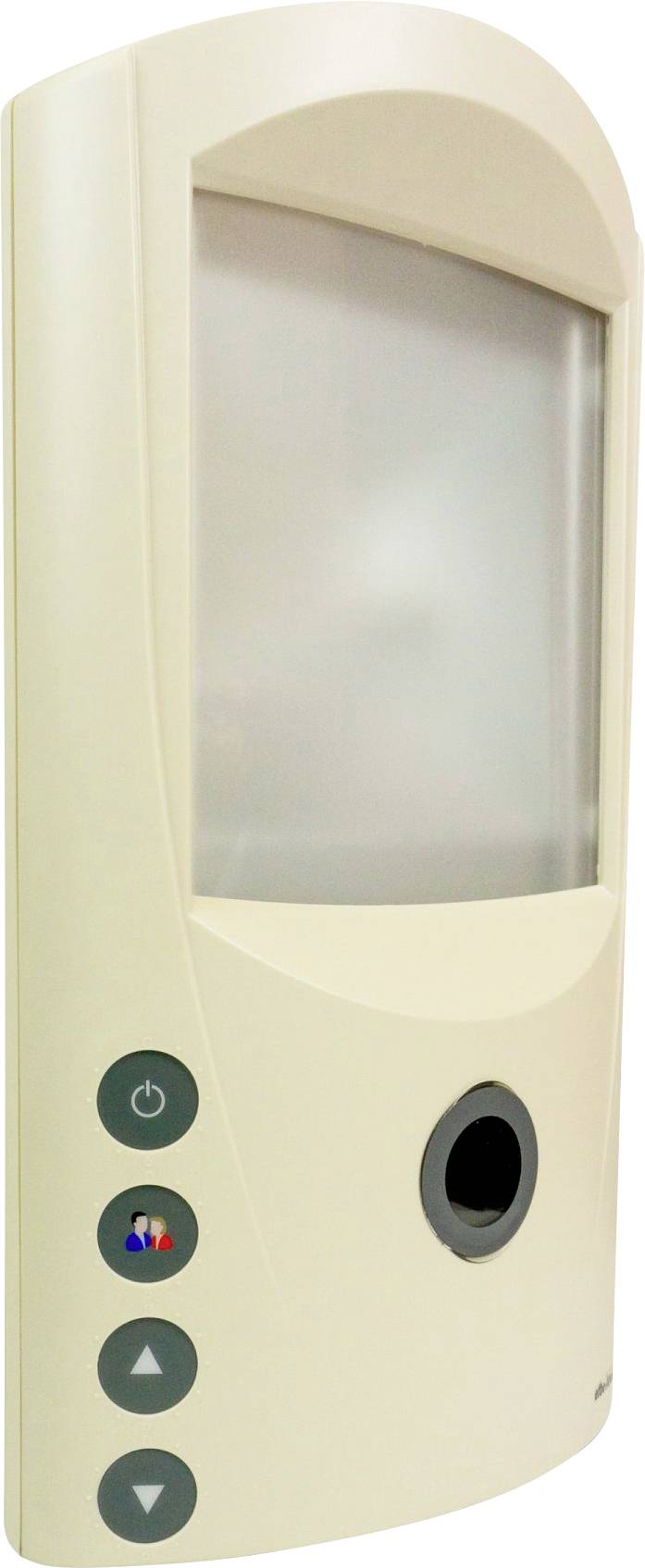 Bézs színű elektronikus eszköz kijelzővel és négy oldalsó gombbal, köztük egy be-/kikapcsoló szimbólummal és nyílgombokkal.