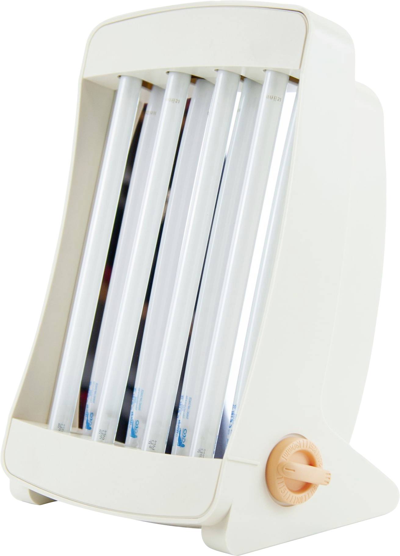 Egy hordozható UV-fényterápiás készülék több csővel és egy oldalsó beállítókerékkel, amelyet valószínűleg bőrkezelésre használnak.